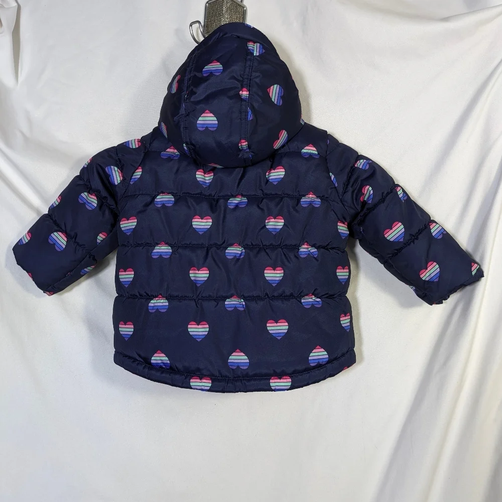 Kids OshKosh B'Gosh Girl's Puffer Warm Winter Coat Navy With Hearts 12‎ Months